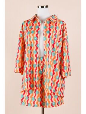 Sz S Bibi Groovy Wavy Floral Button Down Shirt & Short Loungewear Set NWOT
